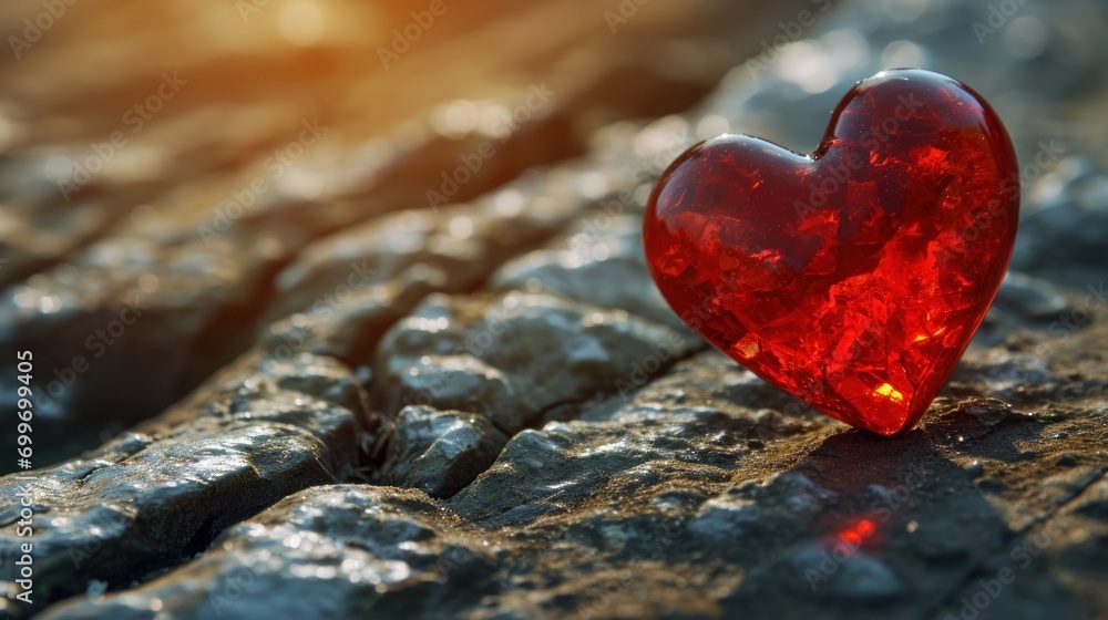 Poster a close up of a heart shaped object on a rocky surface with the sun shining through the rocks in the