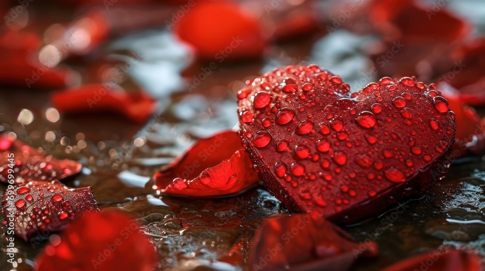 Poster a close up of a heart shaped object in a puddle of water with drops of water on top of it.