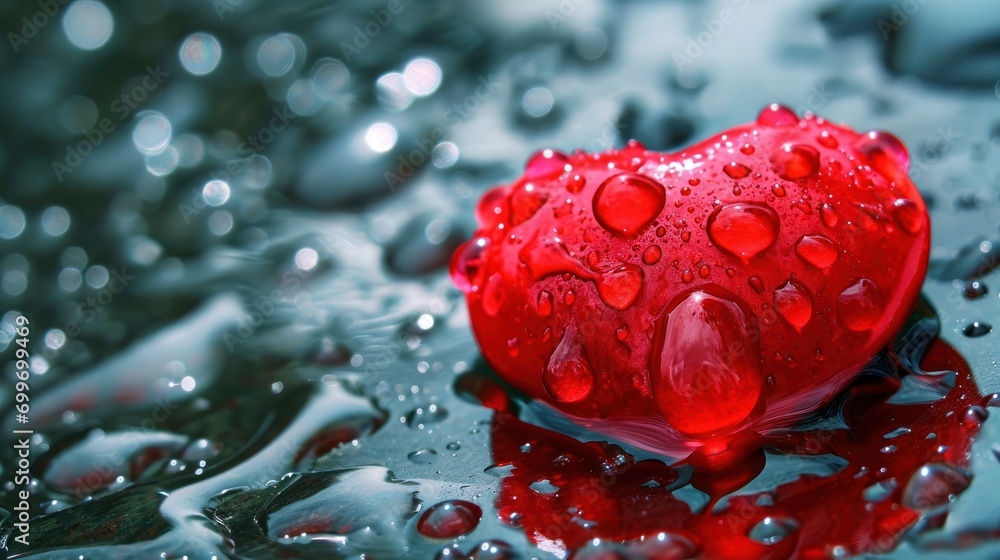 Poster a red heart shaped object floating on top of a body of water with drops of water on the bottom of it