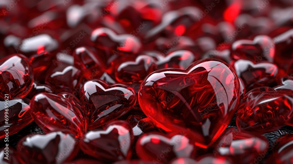 Poster a pile of shiny red hearts sitting on top of a pile of other red heart shaped objects on top of each