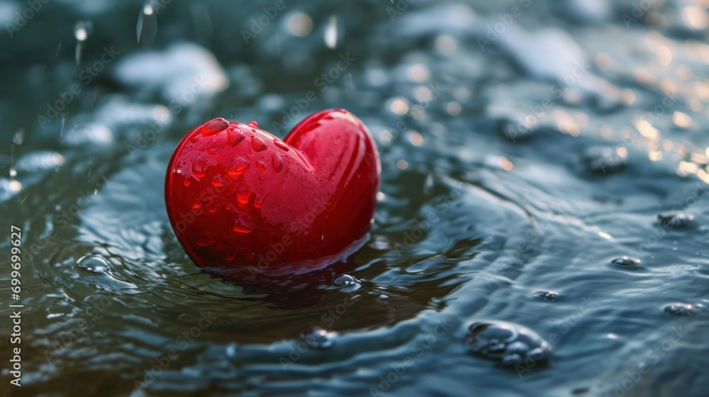 Poster a red heart shaped object floating on top of a body of water with drops of water on the bottom of it