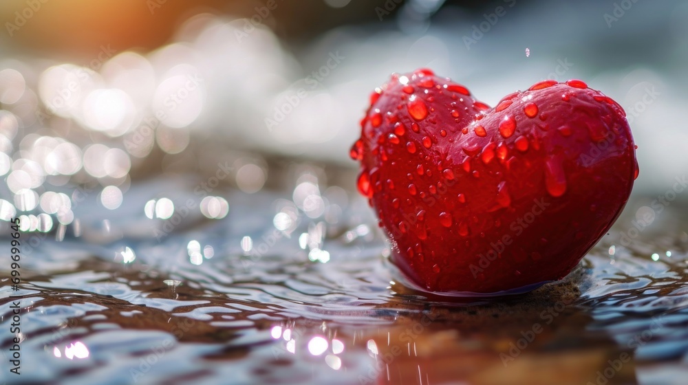 Aufkleber a red heart shaped object floating on top of a body of water with drops of water on it's surface.