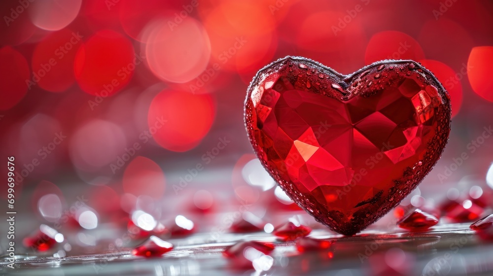 Poster a close up of a heart shaped object with a lot of red crystals around it on a shiny surface with a b