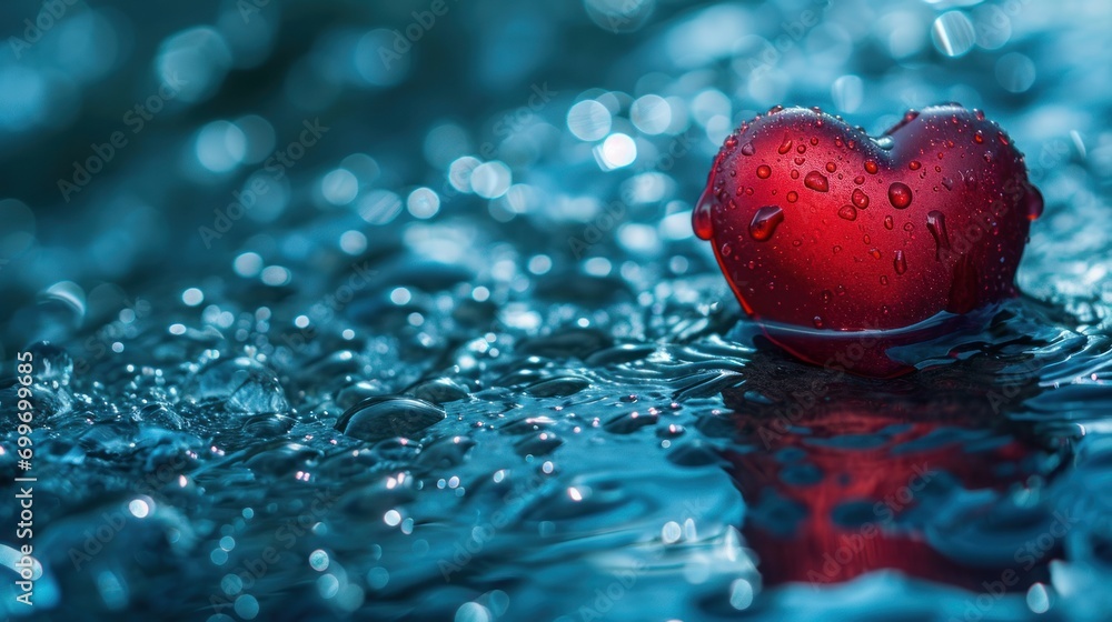 Poster a red heart shaped object floating on top of a body of water with drops of water on top of it.