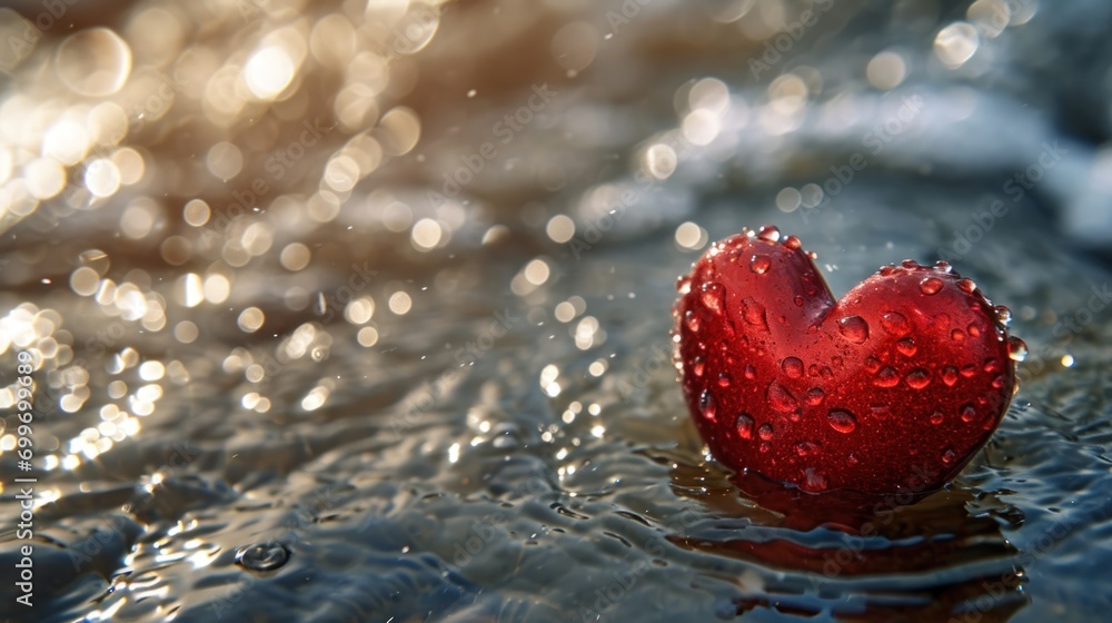 Poster a red heart shaped object floating on top of a body of water with drops of water on top of it.