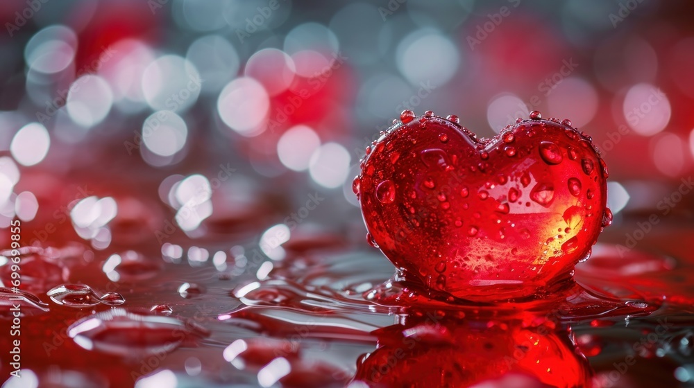 Poster a red heart shaped object floating on top of a body of water with drops of water on top of it.
