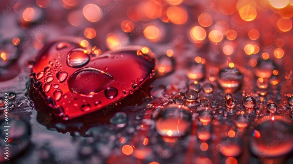 Poster a red heart shaped object sitting on top of a table covered in drops of water on a tablecloth covere