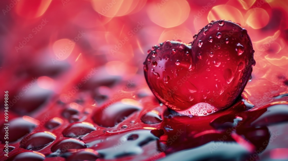 Poster a close up of a heart shaped object on a surface with water droplets and a red light in the backgrou