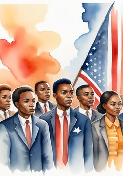 A Painting Of A Group Of People With An American Flag