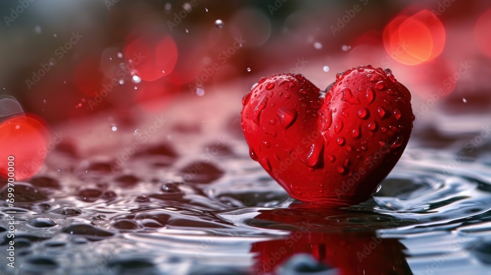 Poster a red heart shaped object floating on top of a body of water with drops of water on top of it.