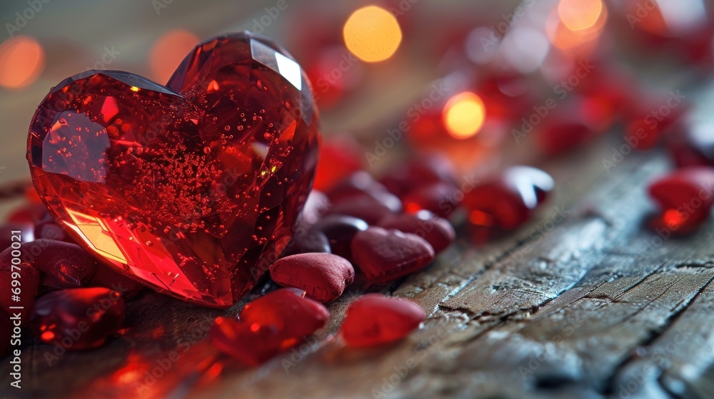 Poster a close up of a heart shaped object on a wooden surface with many red stones around it and a string 