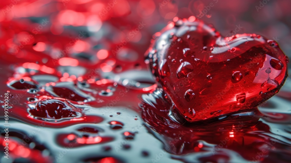 Poster a red heart shaped object sitting on top of a puddle of water next to a red object with drops of wat
