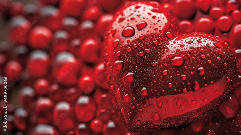 Poster a close up of a heart shaped object with drops of water on the surface of the image and a red ribbon