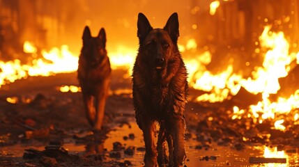  a couple of dogs that are standing in front of a bunch of fire retardants on the ground. - obrazy, fototapety, plakaty