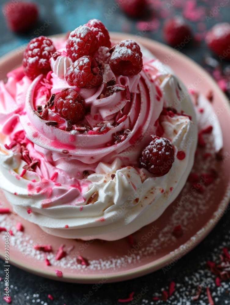Poster a close up of a cake on a plate with raspberries on top of it and sprinkles around it.