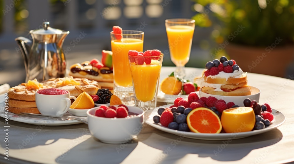 Poster a table topped with plates of food next to cups of juice and a pitcher of oranges and strawberries.
