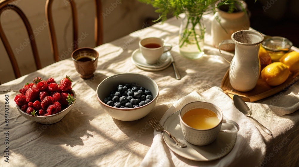 Wall mural  a table with a bowl of strawberries, a bowl of blueberries, a bowl of oranges and a bowl of strawberries.