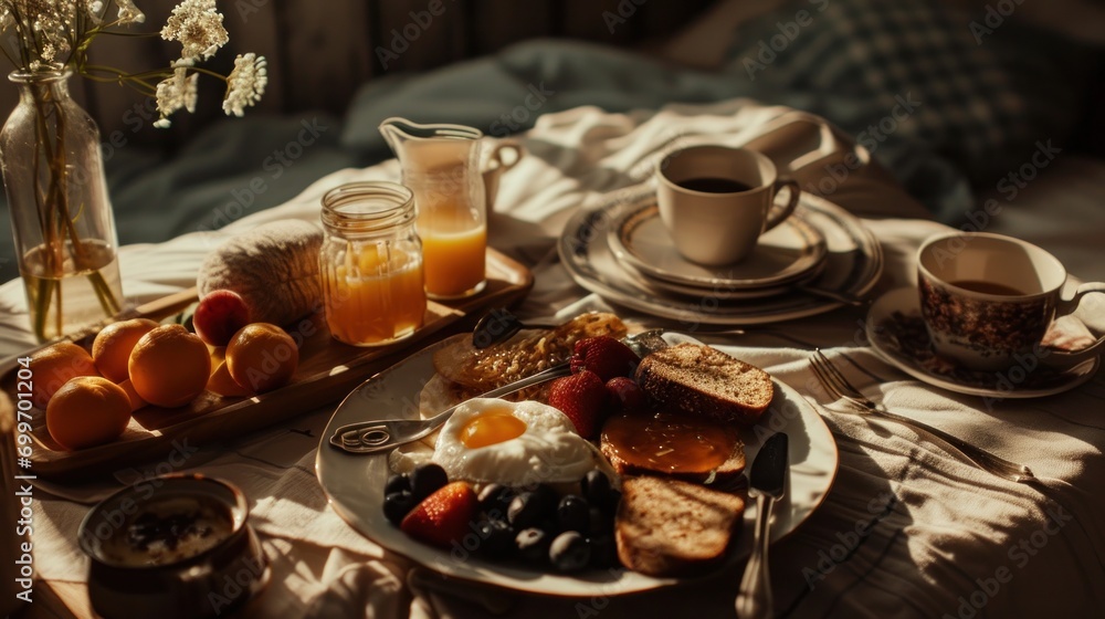 Wall mural  a table topped with a plate of food next to a vase filled with oranges and a cup of coffee.