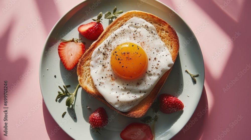 Poster a plate of toast with an egg on top of it and strawberries on the side on a pink surface.