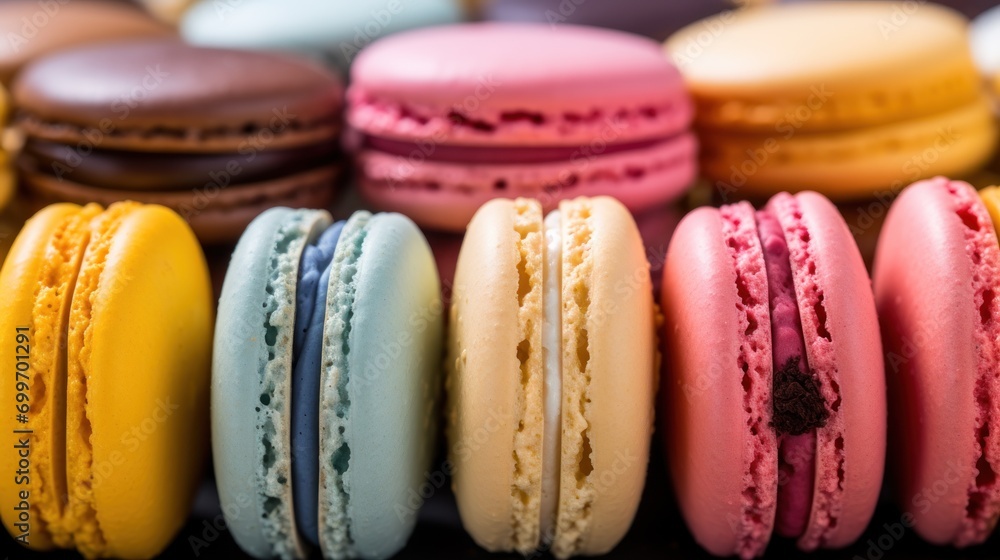 Poster a row of colorful macaroons sitting next to each other on a black surface with other macaroons in th