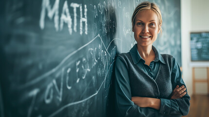 Confident female math teacher smiling in classroom. Shallow field of view.