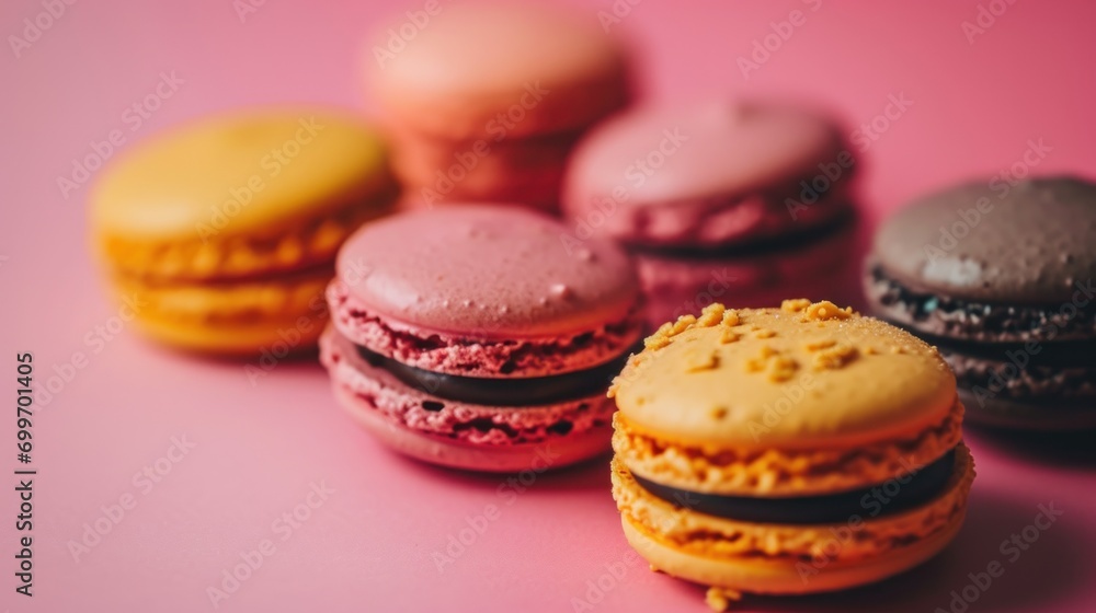 Poster a group of macaroons sitting next to each other on top of a pink surface with one macaroon in the mi