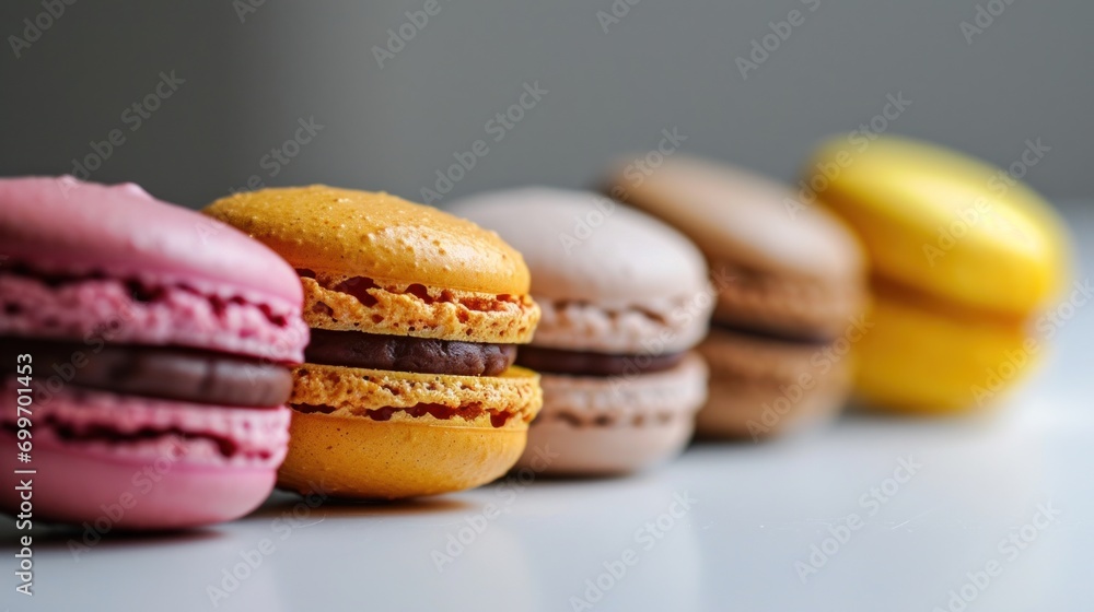 Poster a row of macaroons sitting next to each other on top of a white table next to each other.