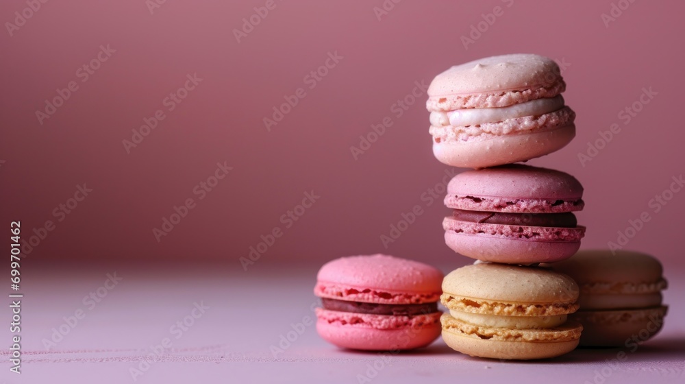 Poster a stack of macaroons sitting on top of each other on top of a pink surface in front of a pink backgr