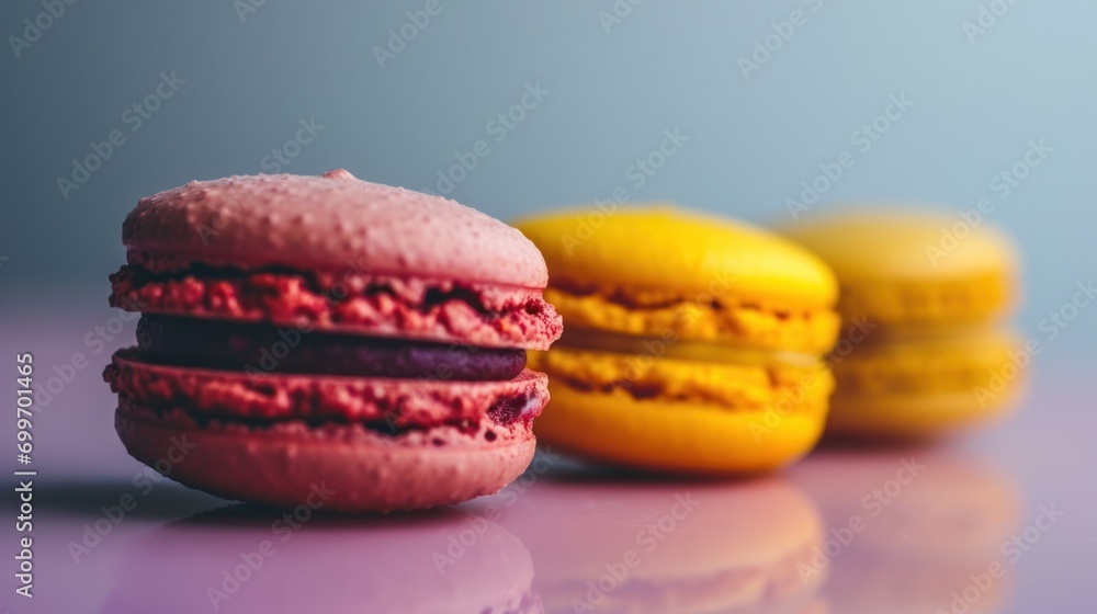 Poster a close up of three macaroons on a table with one macaroon in the foreground and the other in the ba