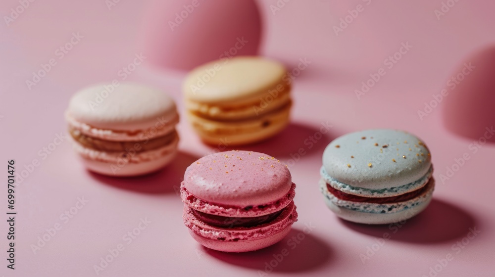 Poster a group of macaroons sitting next to each other on a pink surface with one macaroon on top of the ma