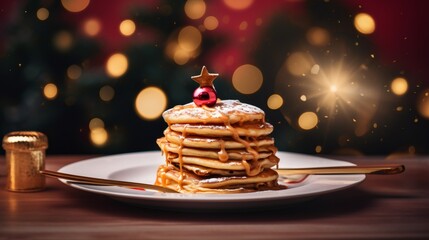 Fresh pancakes with caramel sauce and Christmas decorations on the table.