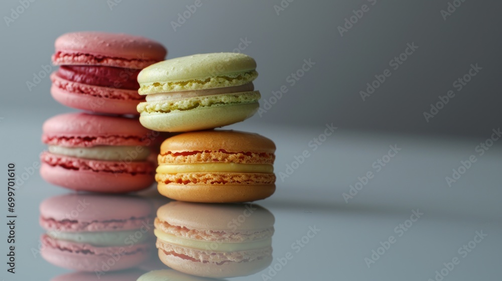 Poster a stack of three macaroons sitting next to each other on top of a reflective surface with one macaro