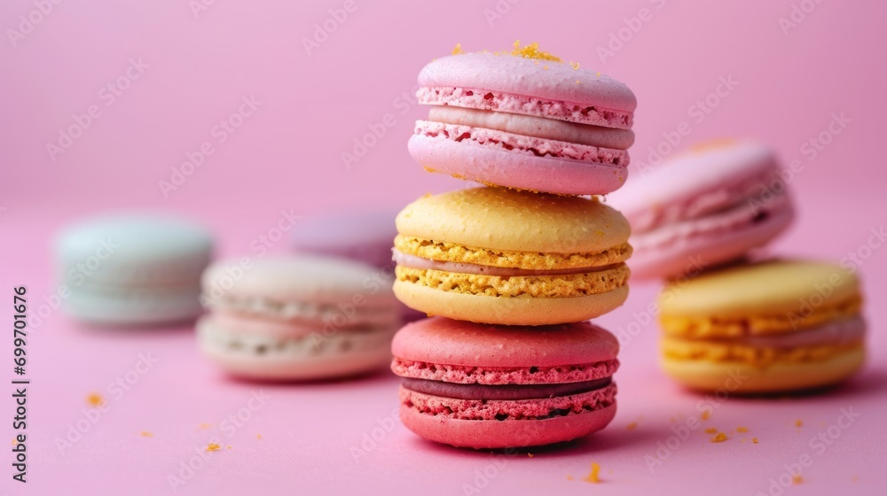 Poster a stack of colorful macaroons sitting on top of each other on top of a pink surface with other macar