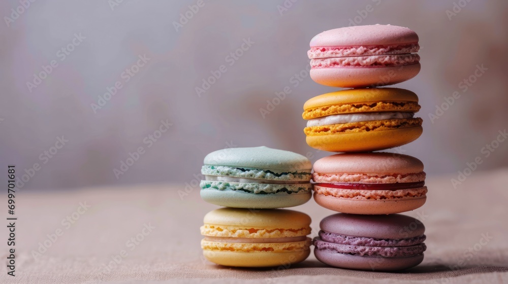 Poster a stack of macaroons sitting on top of each other on top of a sheet of wax paper next to each other.