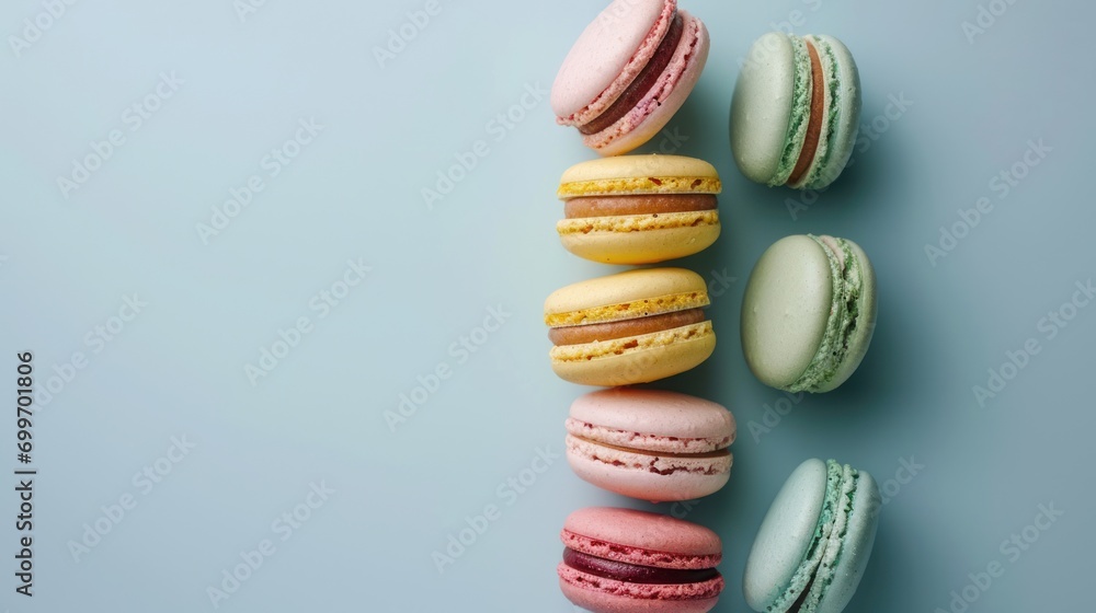 Poster a group of macaroons sitting next to each other on a blue surface with one macaroon in the middle of