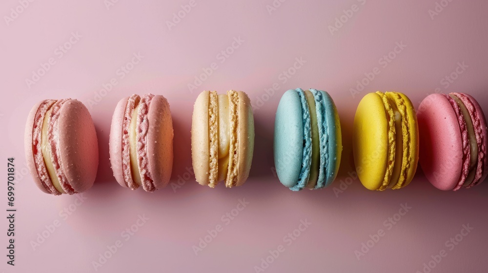 Poster a row of colorful macaroons sitting on top of each other on top of a pink surface in front of a pink