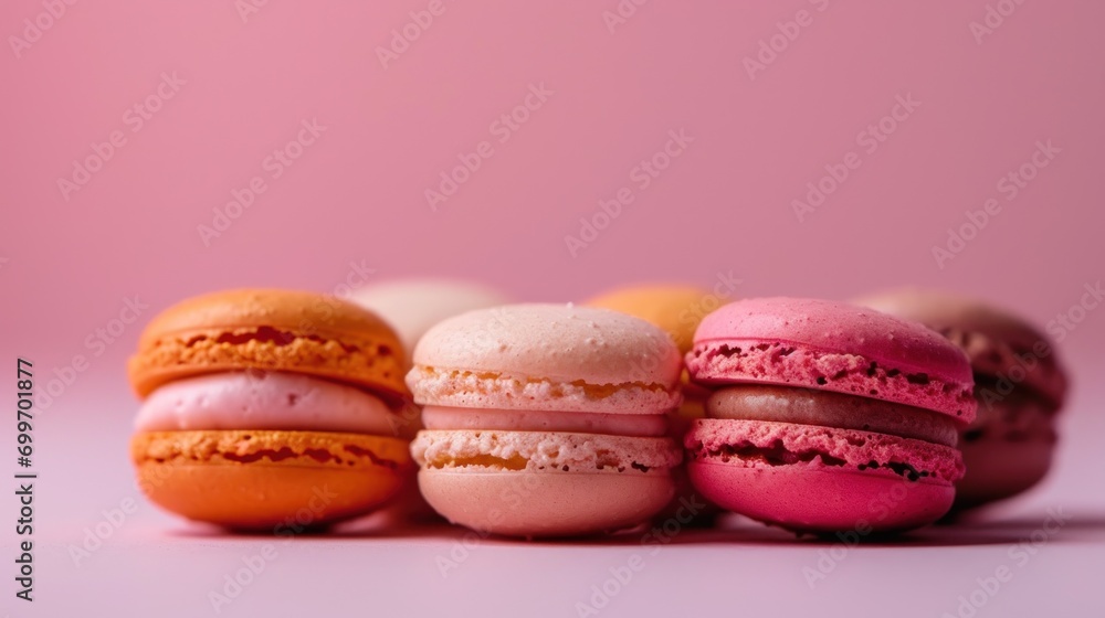 Aufkleber a row of macaroons sitting on top of each other on top of a pink surface in front of a pink backgrou