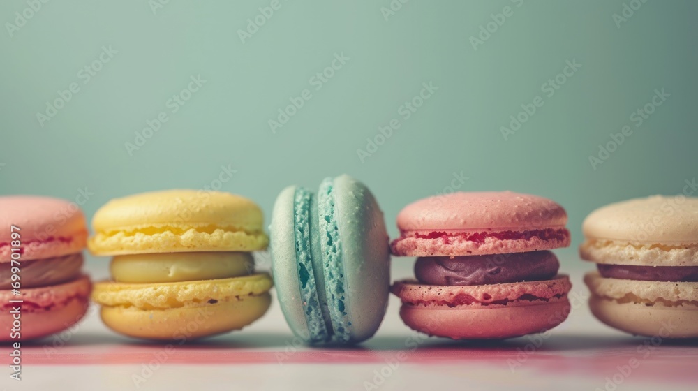 Poster a row of macaroons sitting next to each other on top of a pink and white counter top in front of a g