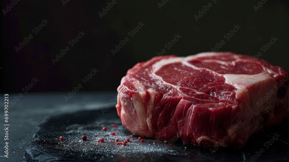 Aufkleber a piece of beef steak on a black surface with a dark background the steak is a deep red color and ap