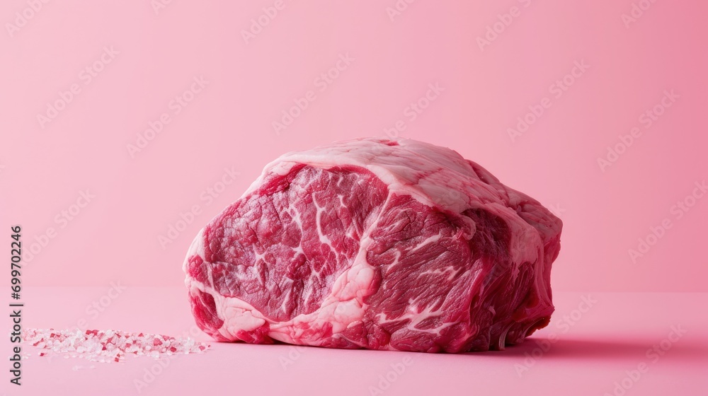 Poster a piece of beef steak on a pink background the steak is a deep red color and appears to be freshly c