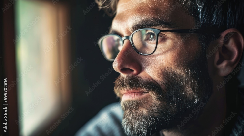 Poster a man with glasses and a beard looking out a window, with a blurred background he appears to be deep