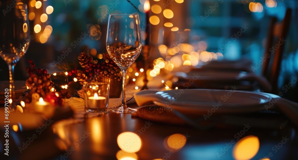 Poster a close up of a table with a wine glass and a plate with a candle in the middle of it.