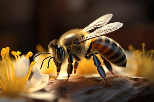 Natures Dance Honey bees in flight, pollinating flowers in close up