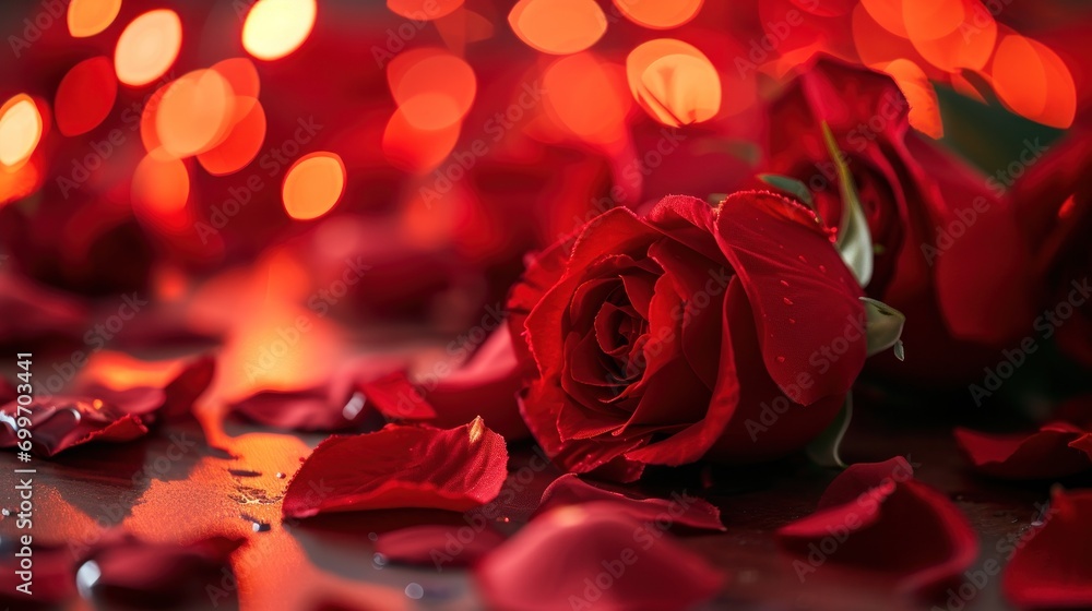 Poster a red rose sitting on top of a table next to a bunch of red rose petals and a red string of lights i