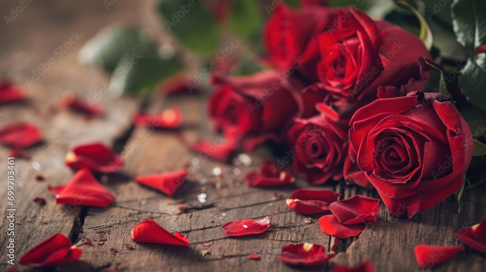 Poster a close up of a bunch of red roses on a table with petals scattered on the table and on the floor.