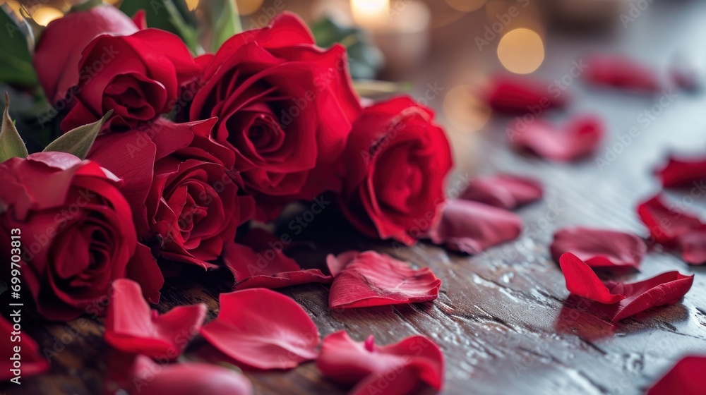 Poster a close up of a bunch of red roses on a table with petals scattered on the table and a candle in the
