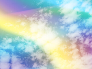 beauty sweet pastel purple and yellow colorful with fluffy clouds on sky. multi color rainbow image. abstract fantasy growing light