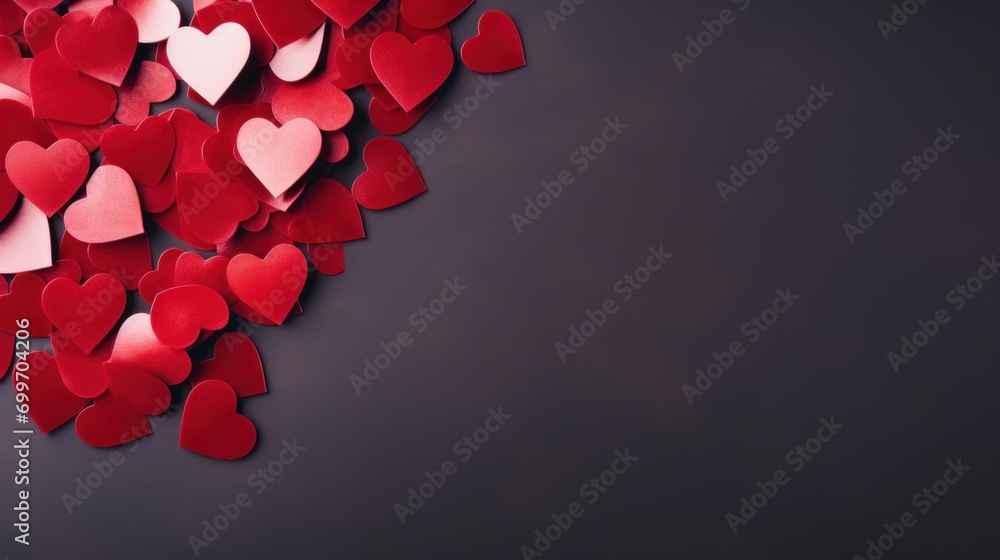 Poster a bunch of red and pink hearts on a black background with a space for text or a picture to put on a 