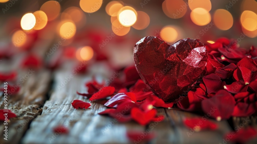 Aufkleber a red heart sitting on top of a wooden table next to a pile of red petals and a string of lights in 