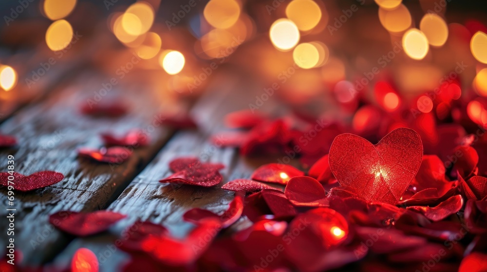 Poster a close up of red petals on a wooden surface with a candle in the middle of the petals and a string 